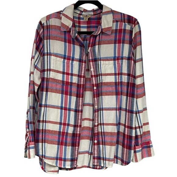 WOOLRICH Women’s Flannel Button Shirt XL Red Blue Plaid Soft Long Sleeve Pockets - Picture 3 of 8